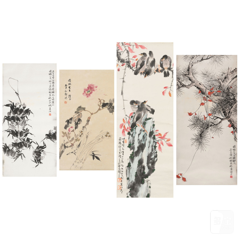 胡克敏（1909-1991）/邵幼軒（1914-2009）/裴澤三（生卒年不詳）　贈易國瑞花鳥四幀 | HU KEMIN (1909-1991)/SHAO YO-HSUAN (SHAO YOUXUAN, 1914-2009)/PEI ZESAN